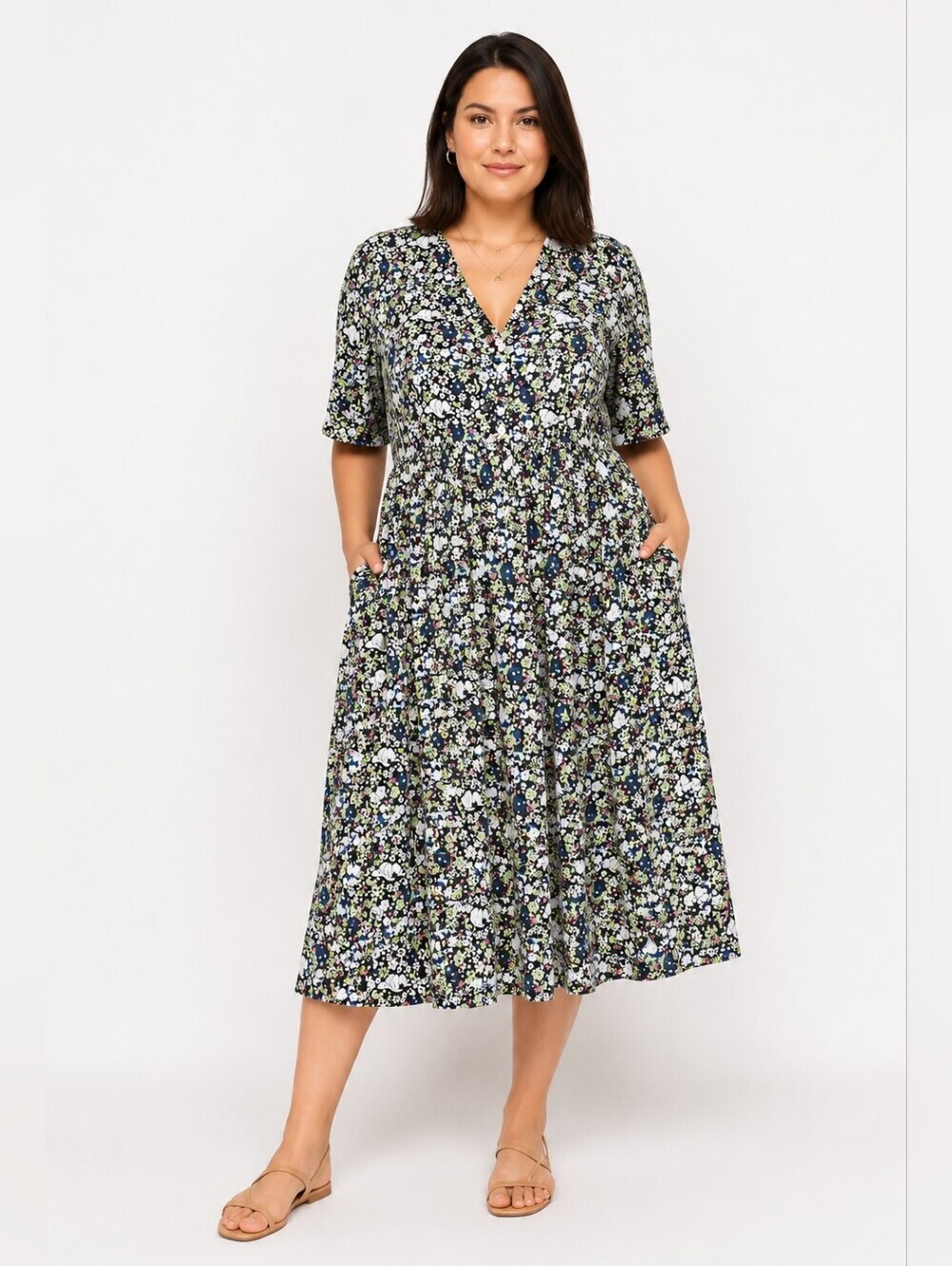 NORACORA Women's Floral Print Button Front Maxi Dress with Pockets – Size L.